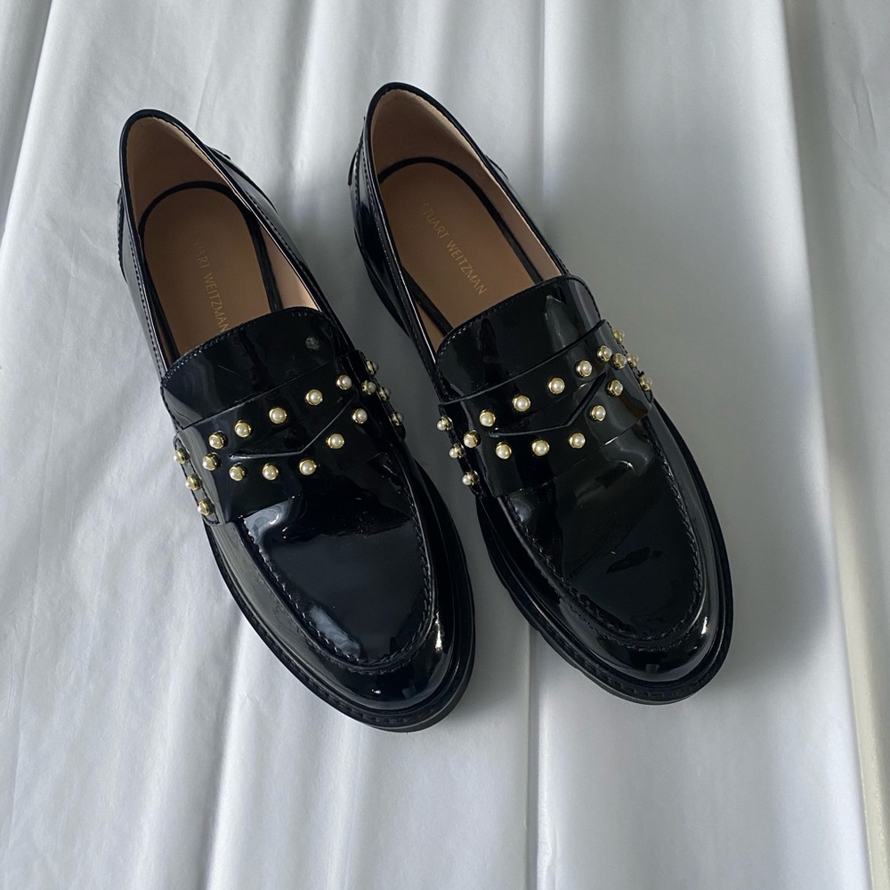 Stuart Weitzman Black Loafers with Gold Accents 7